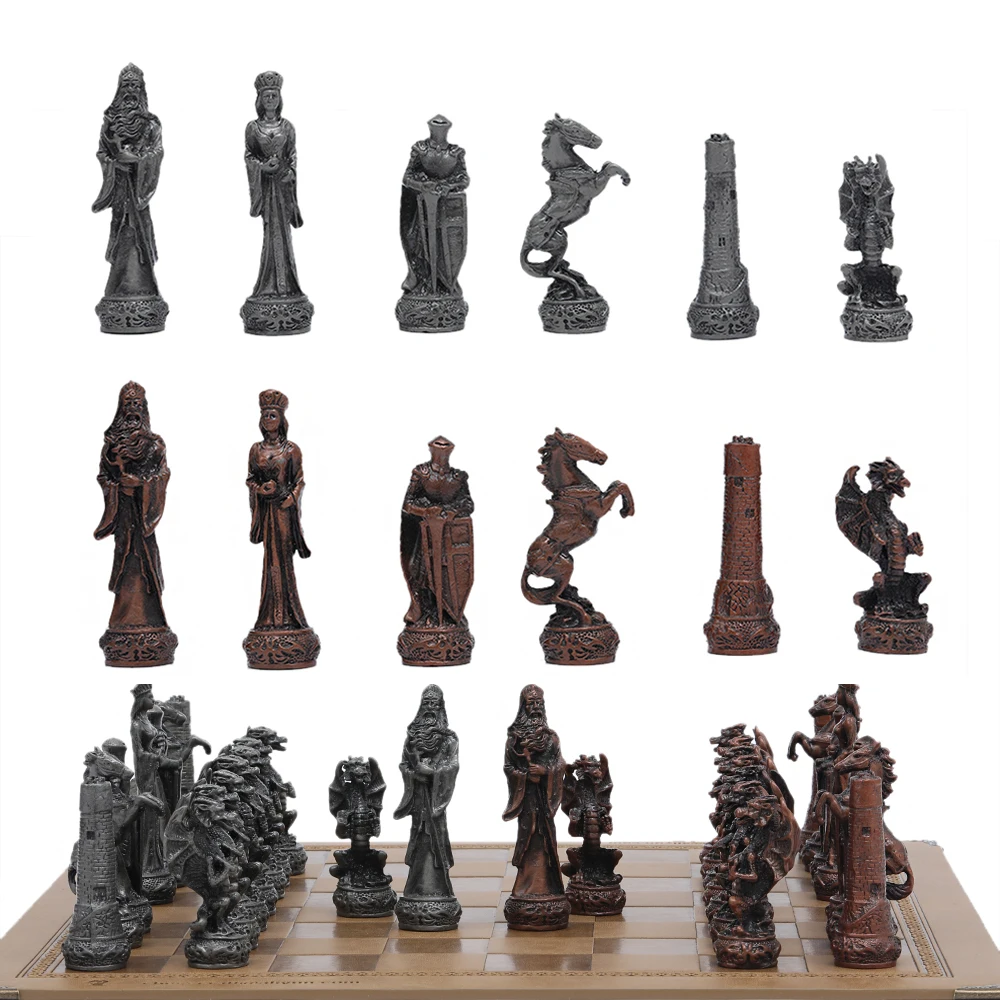 

Metal Theme Chess Luxury Knight Table Game Entertainment Toy Leather Board set Gift Dragon Soldier Theme Sports Intelligence