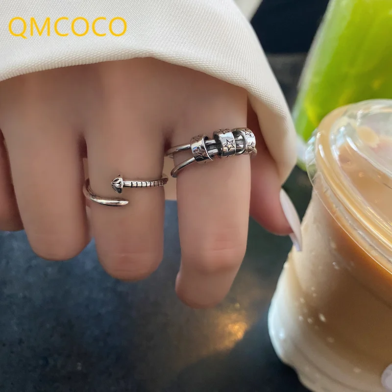 

QMCOCO Korean INS Style 925 Silver Ring Punk Fashion Round Star-Shape Personality Screw Nail Student Opening Index Finger Ring