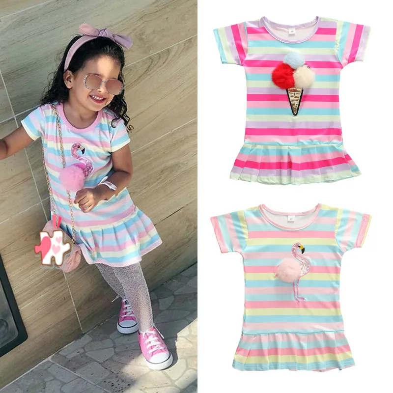2020 Lovely Infant Baby Girls 1-5Y Dress Clothes Rainbow Striped Print Shorts Sleeve Ruffles Mini | Детская одежда и обувь