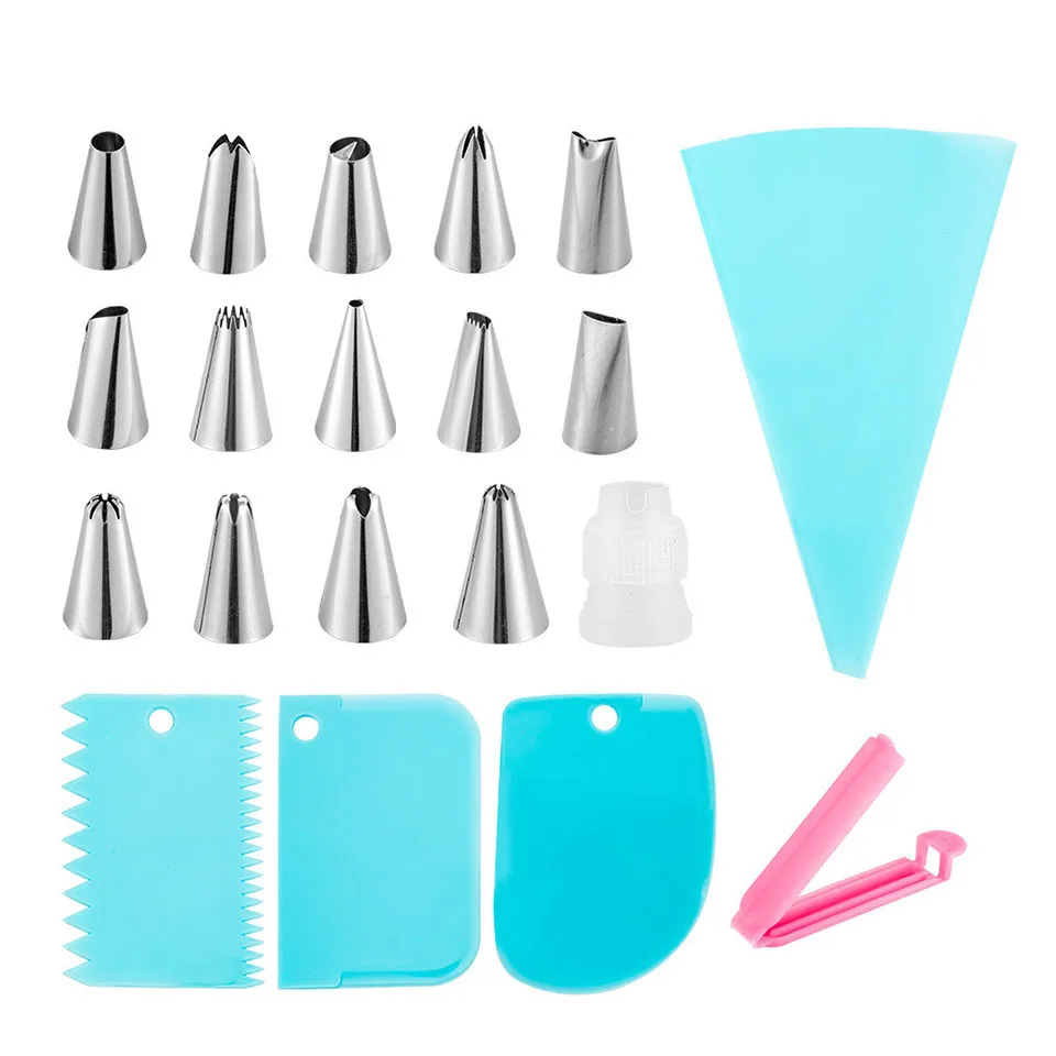 

20Pcs Blue Silicone Pastry Bag 304 Stainless Steel Nozzle DIY Cake Decorating Tip Set for Icing Piping Cream Cookie Baking