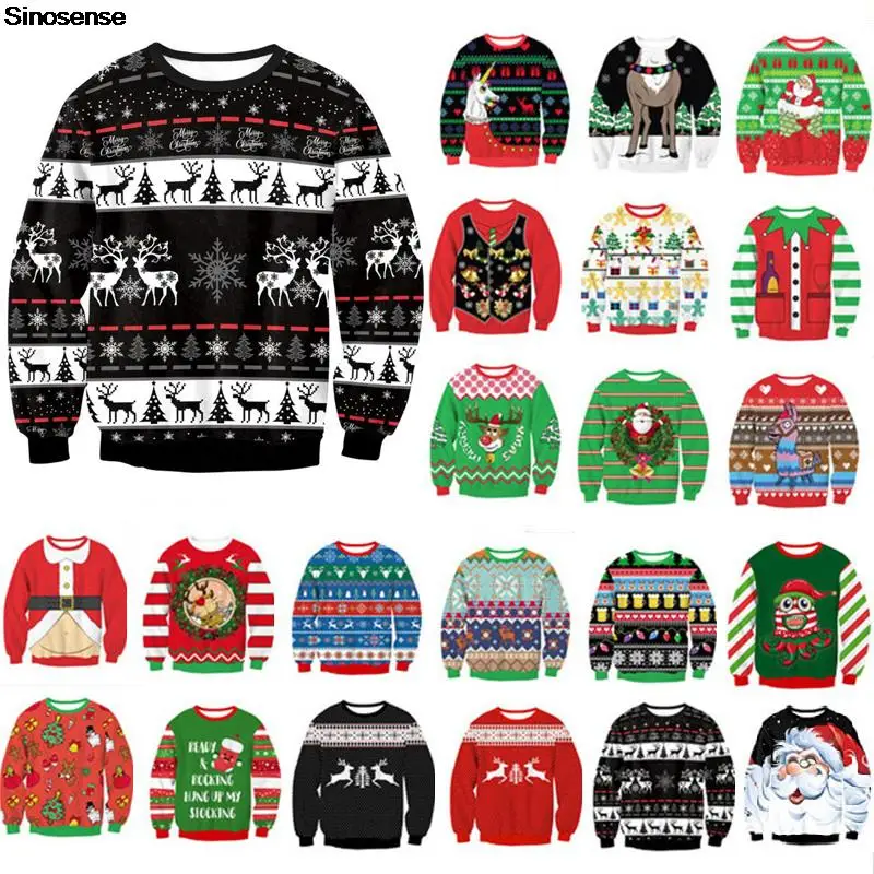 

Men Women Crewneck Ugly Christmas Sweater 3D Christmas Tree Snowflakes Reindeer Print Holiday Party Sweatshirt Funny Xmas Jumper
