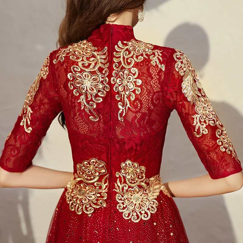 

Evening Dresses Women High Collar Golden Appliques Half Sleeves A-line Floor-length Plus size Customized Formal Party Dress A067