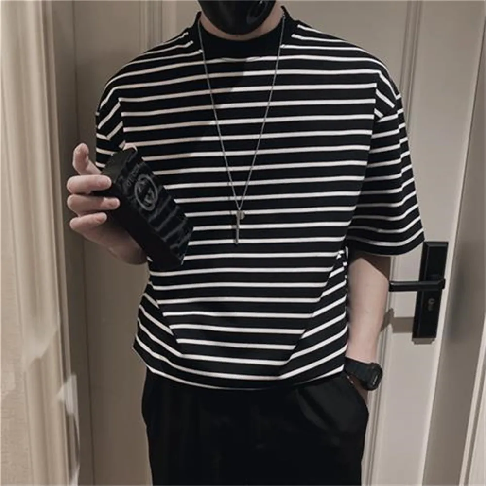Модная футболка в полоску для мальчиков летняя водолазка Мужская японская