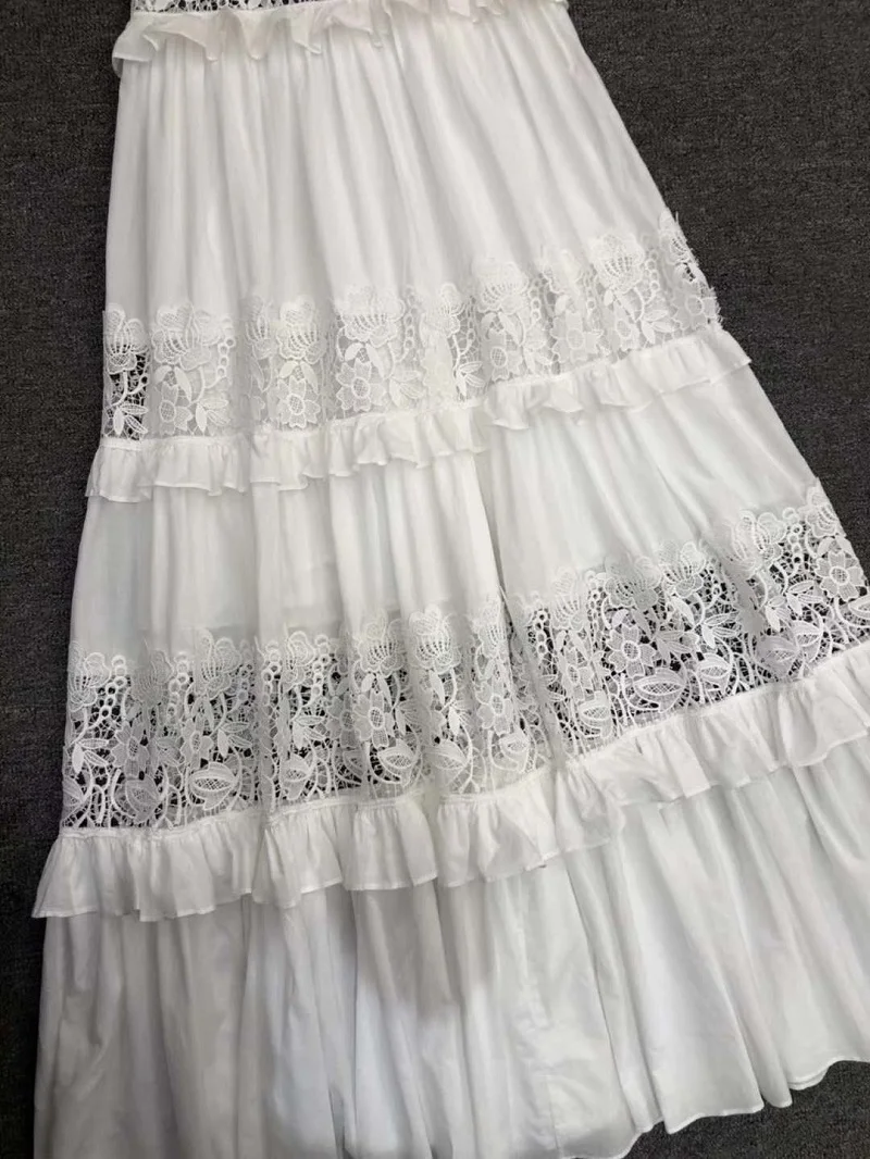 

High Quality New 2020 Summer Long Dress Women V-Neck Hollow Out Lace Embroidery Sleeveless White Black Cotton Long Maxi Dress