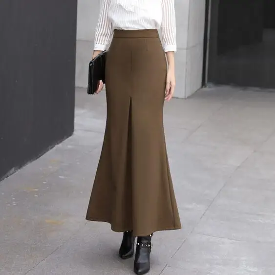 New Ladies Elegant Winter Maxi Skirts Women Woolen Long Skirt High Waist Mermaid Split Black Gray OL Pencil female DF921 | Женская