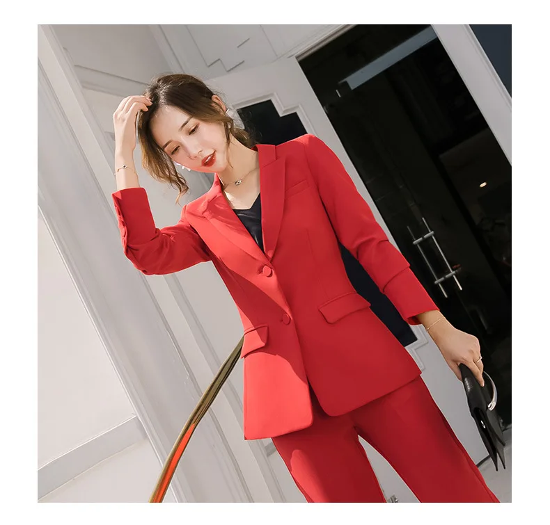 Женский брючный костюм элегантный офисный из двух предметов красный черный с