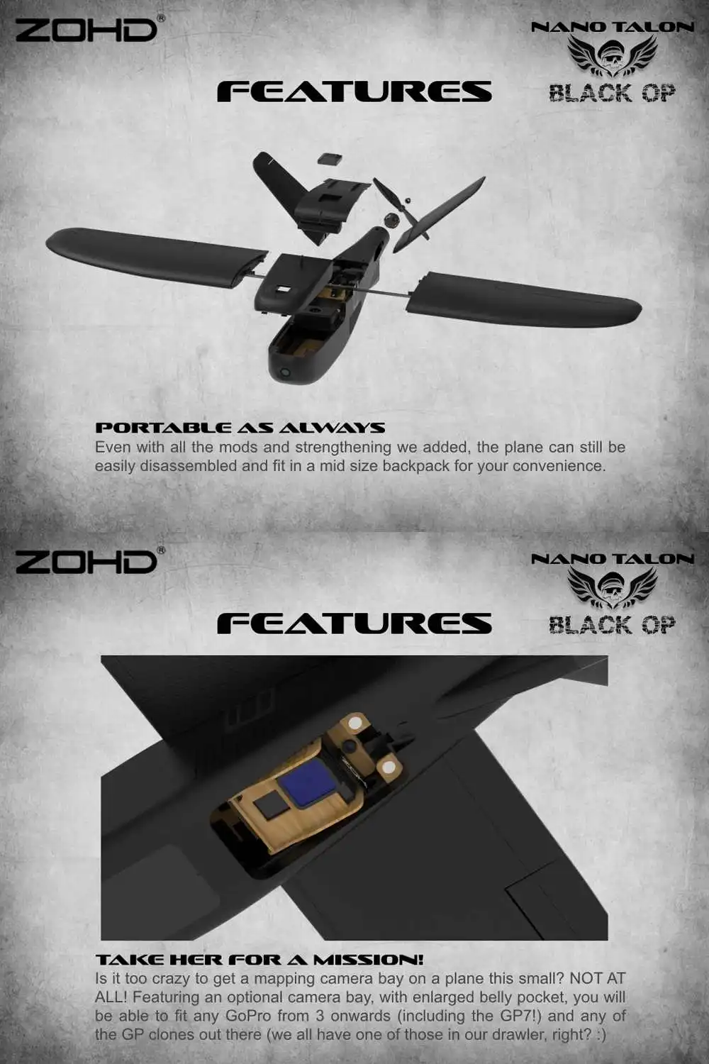ZOHD Talon черный/белый OP 860 мм размах крыльев AIO V-Tail EPP FPV крыло RC самолет PNP w/FPV готов Ограниченная серия гироскоп