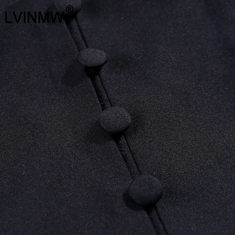 LVINMW черная сексуальная Лоскутная футболка с глубоким v-образным вырезом и пуговицами с пышными рукавами Осенняя Женская Повседневная облегающая футболка современный офисный женский топ