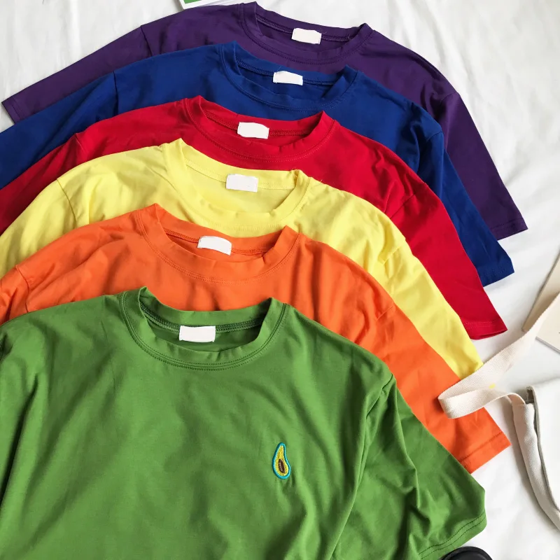 100% хлопковая футболка с вышитыми фруктами в Корейском стиле безразмерная