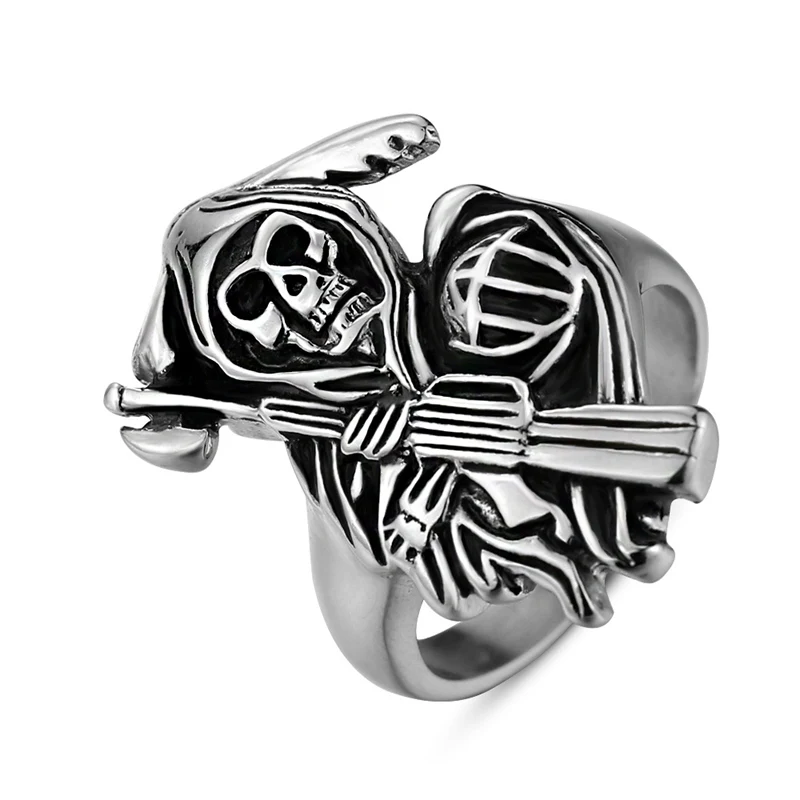 

Fashion Personality Vintage Scythe Skeleton Grim Reaper Men's Ring Trendy Punk Hip Hop Nightclub Accessories Jewelry Wholesale