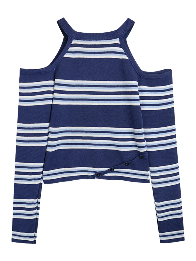 Женский свитер с открытыми плечами красная сетчатая кофта в полоску длинным