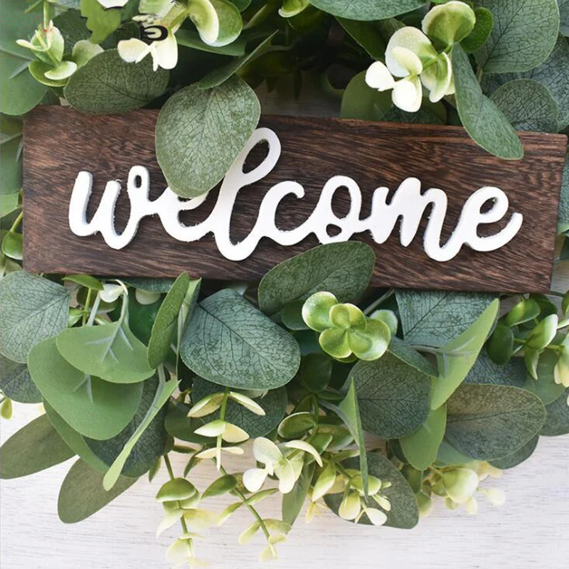 

Wooden Welcome Sign Simulation Wreath Leaf Wreath Door Decor Pendant Hanging Garlands Simulation Eucalyptus Wreath Home Decor