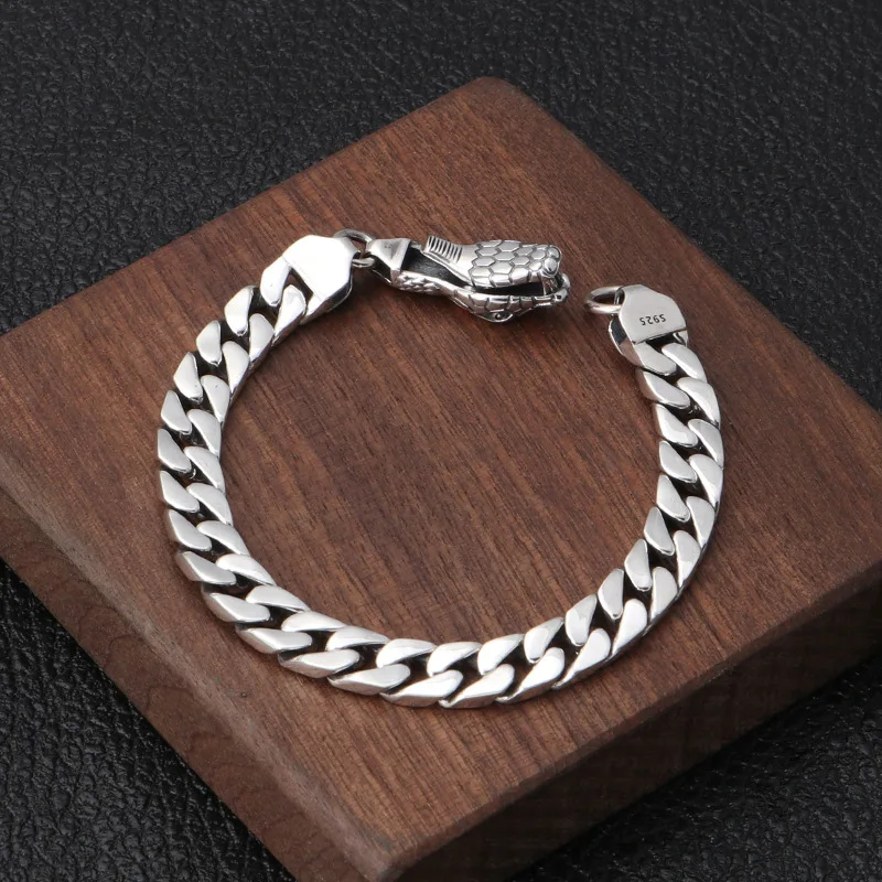 Genuine 925 Sterling Silver Men's Bracelet Jewelry Vintage Classic Snake Head Buckle Glossy Domineering Accessories | Украшения и