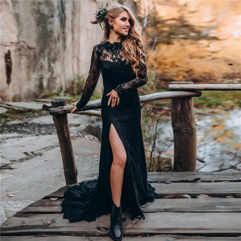 Black Lace Prom Dresses Long Sleeve 2021 robe de soiree Backless Mermaid Evening Gowns Custom Sheer 
