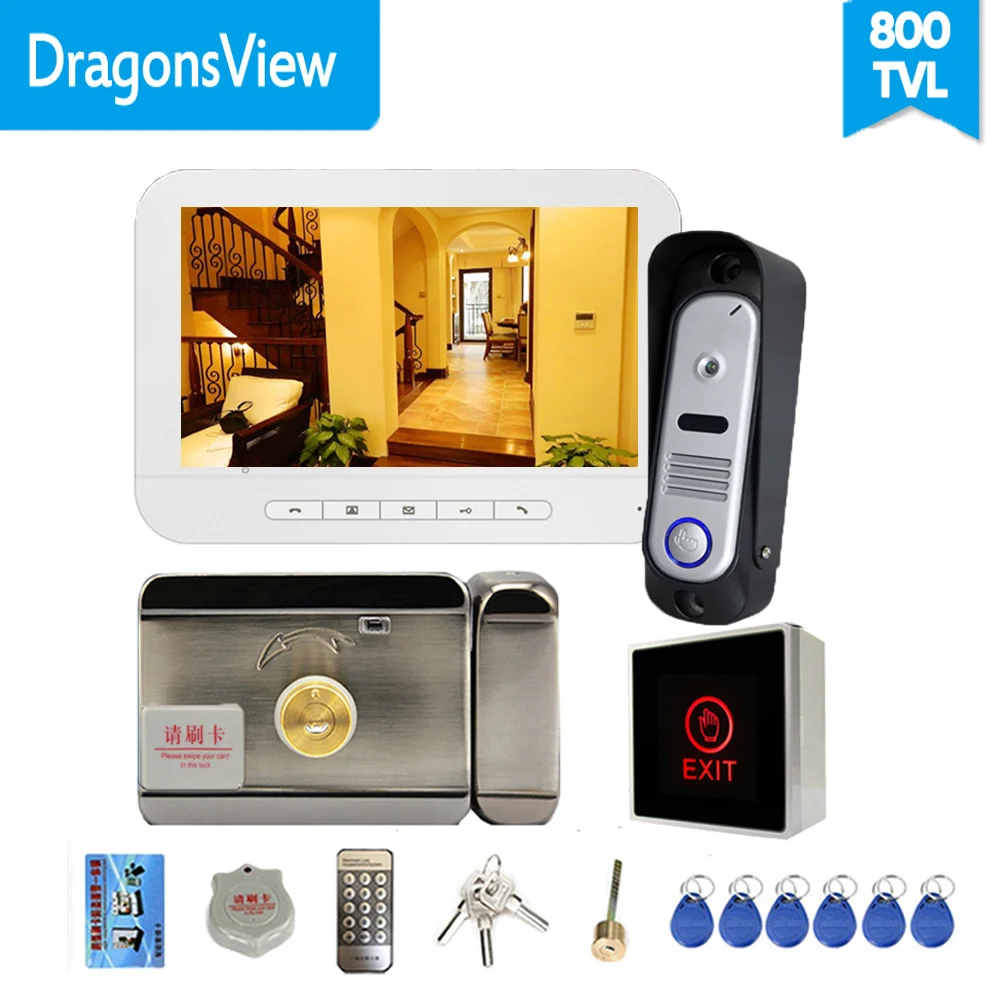 Драгонсвью Проводная видео дверная звонилка с камерой 7-дюймовый внутренний монитор, черный, разблокировка и разговор через дверную панель.