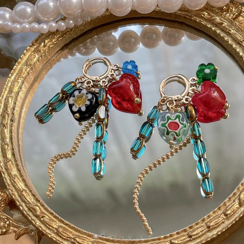 

MENGJIQIAO Vintage Fashion Handmade Coloured Glaze Heart Flower Beads Hoop Earrings For Women Elegant Tassel Pendientes Jewelry