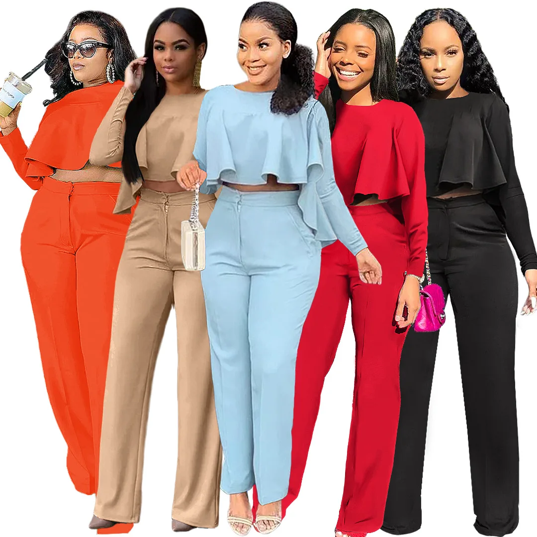 

Women Solid Color Tracksuit Long Sleeve Loose Irregular Hems Crop Tops + Pockets Pants 2 Piece Sets Office Lady Casual Outfits