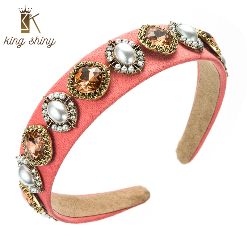 

King Shiny Vintage Baroque Imitation Pearl Headband Elegant Color Crystal Beaded Fabric Hairband Girl Party Hair Accessory Bezel