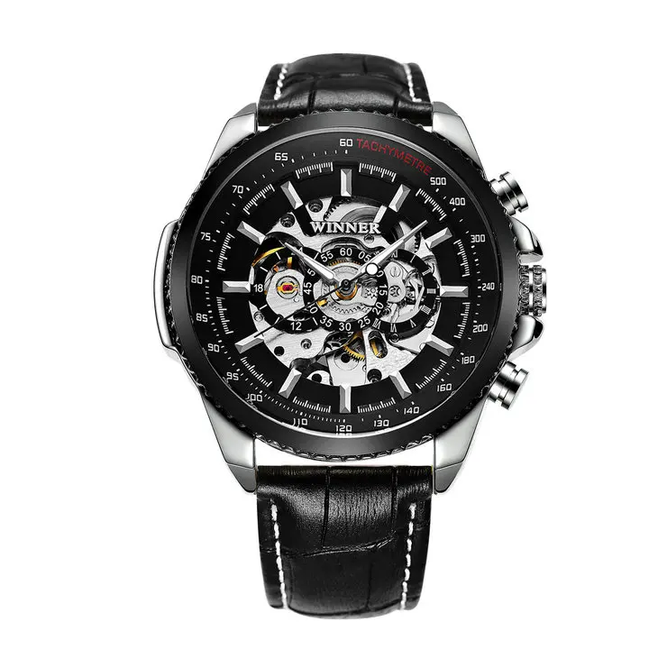 LEATHER SILVER BLACK WINNER лучший бренд класса люкс для мужчин Авто механические часы нержавеющая сталь ремешок Скелет циферблат FORSINING мужские наручные часы подарок на год - Цвет: LEATHER SILVER BLACK