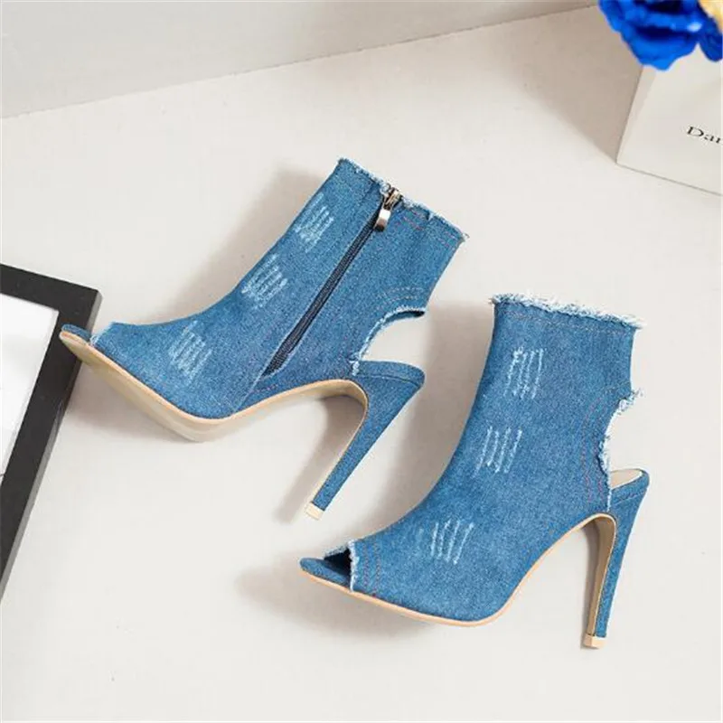 

2019 Peep Toe Gladiator Shoes Women Pumps Denim High Heels Cutout Stiletto Zip Thin Heels Party Shoes Blue Super High