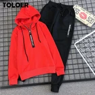 Мужской спортивный костюм с толстовкой и брюками, красный спортивный костюм из 2-х предметов, кофта с капюшоном и штаны, теплый костюм с капюшоном, размеры до 4XL, на осень