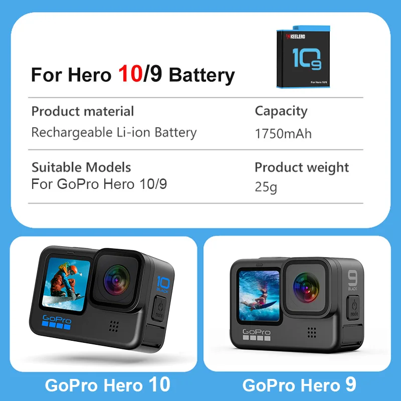 Оригинальный аккумулятор KEELEAD 1750 мАч для GoPro Hero 10 3-сторонний светодиодный