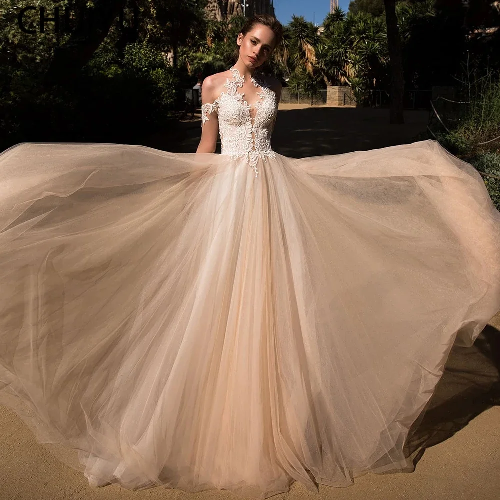 

HERBURNL Sexy Wedding Dress Off Shoulder Dress Summer Prom New Fashion Button Applique Sleeveless Appliqué Tulle Women
