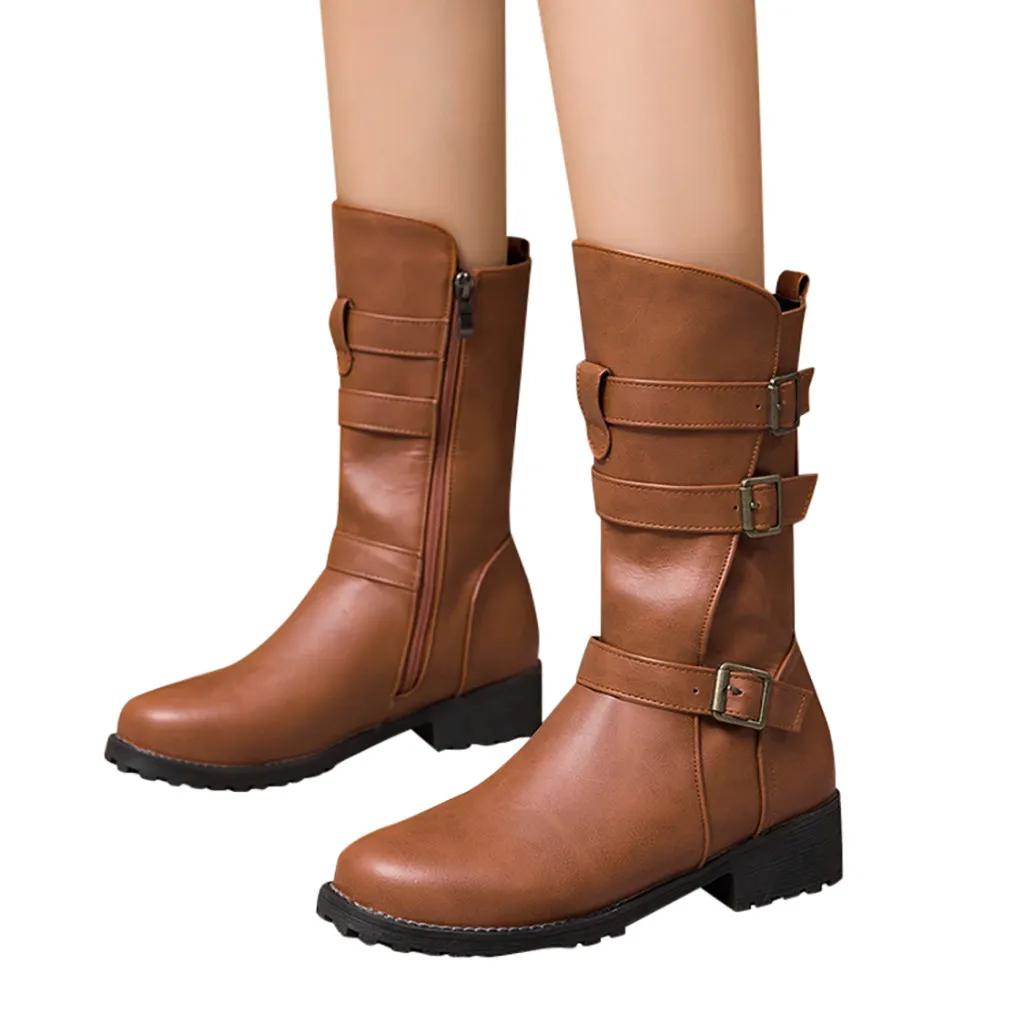Коричневые зимние ботинки с пряжкой на ремешке модная однотонная Винтажная