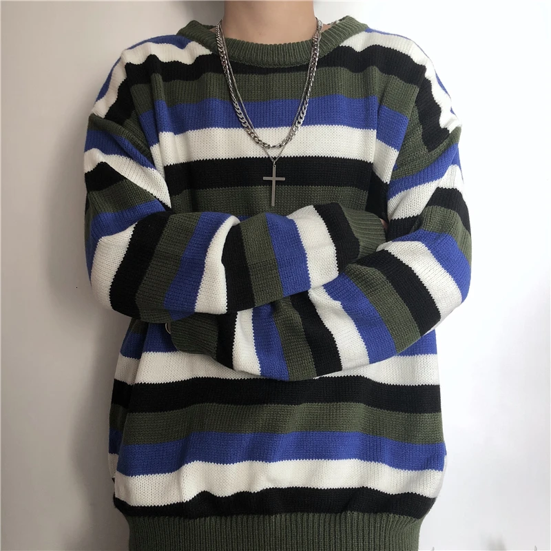 Мужской теплый свитер в полоску повседневный вязаный контрастной расцветки