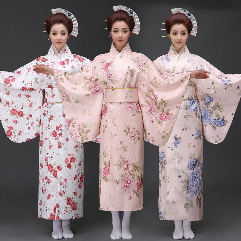 

Japanese Traditional Women Clothing Vintage Printed Flowers Dress Female Stage Show Yukata Lady Kimono японская одежда