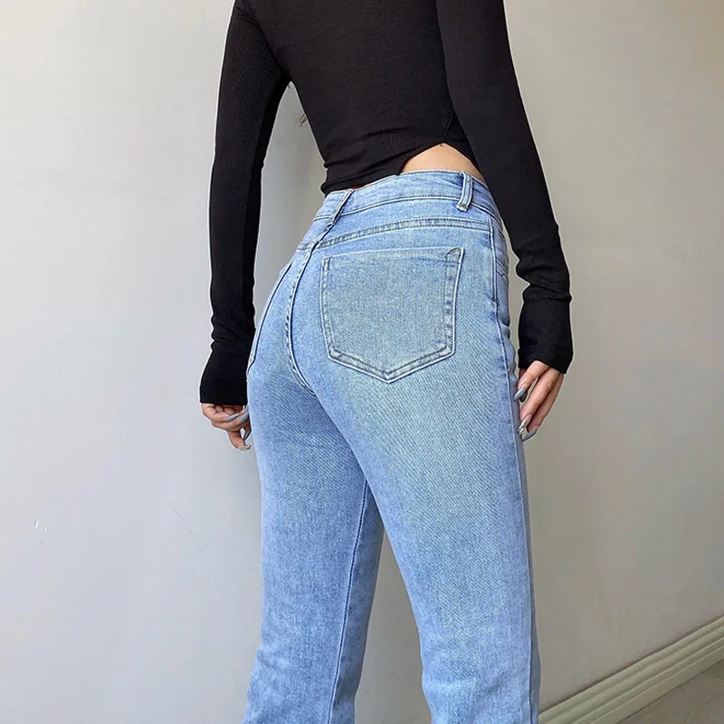 

Women Bell Bottom Bootcut Jeans for Female Flare Stacked Pants High Waist Vintage Stretch Denim Trousers Mom Jeans Y2K Blue 2021