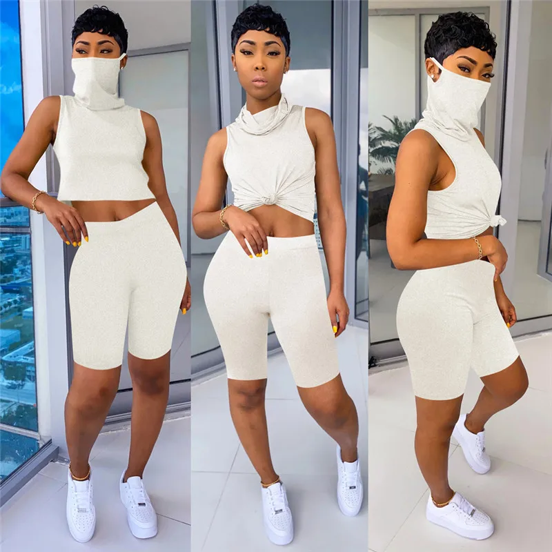 

2PCS Women Sports Tracksuit Turtleneck Tank Crop Top High Waist Biker Shorts Pants Workout Outfit Summer Casual 2 Piece Set 2020