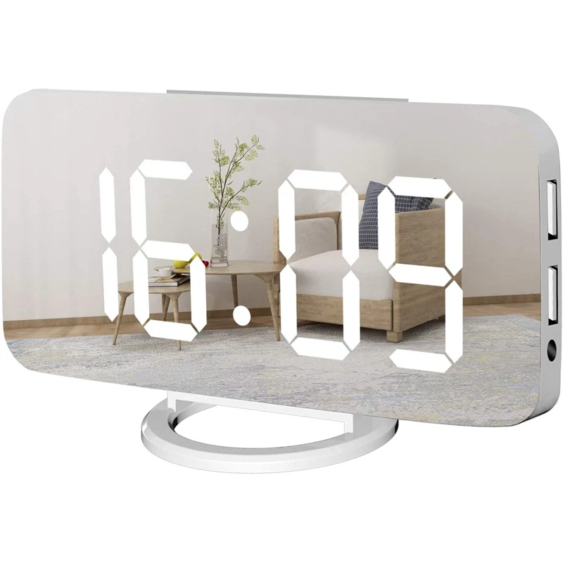 

Digital Alarm Clock Large Mirrored LED Display,USB Charger, Snooze Function Dim Mode Beside Desk Clock for Bedroom