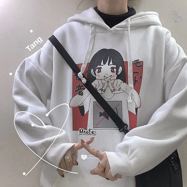 Ulzzang, японский принт с героями мультфильмов, Женская толстовка с капюшоном, новинка зимы, Harajuku, свободная, плюс бархат, толстая, Повседневная Женская толстовка - Цвет: white