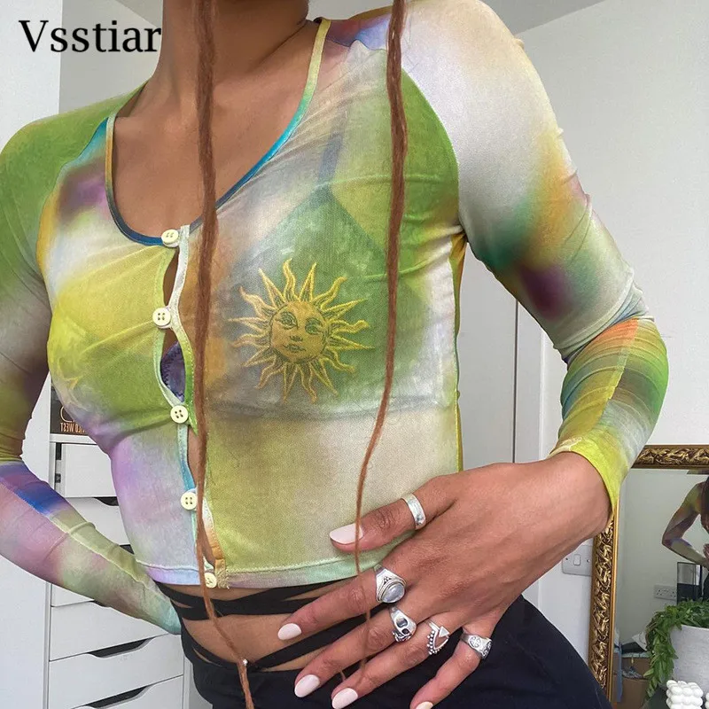 

Vsstiar See Through Mesh T-Shirt Tie Dye Long Sleeve Gradient Sheath Tees 2021 Club Party Summer Women Button Up Sexy Shirts