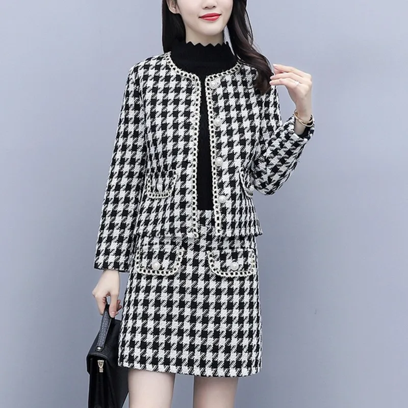 

Комплект из 2 предметов, шерстяное пальто из твида и мини-юбка с высокой талией, Осень-зима 2021