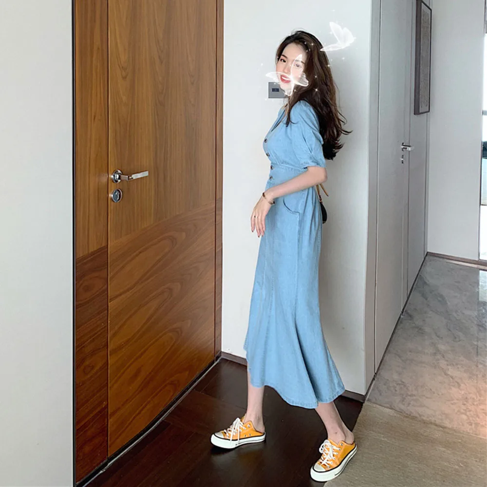 

Japan Style Summer Dress Temperament Elegant Fashion Casual Designer Retro V-neck Split Fork Puff Sleeve Cowboy Mermaid