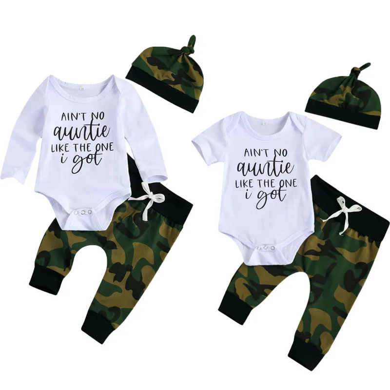 

0-18M Newborn Infant Baby Boy Summer Autumn 3Pcs Clothing Set Short Sleeve Letter Printed Romper Camou Pant Hat