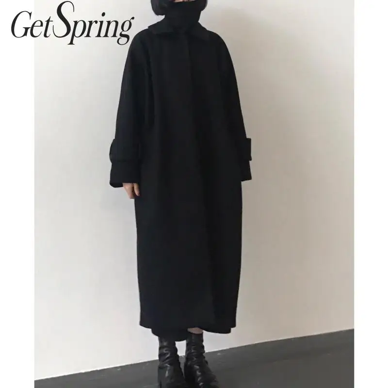 Getвесеннее женское Шерстяное Пальто Черное длинное шерстяное зимнее пальто