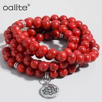 oaiite natural stone beads bracelets 8mm 108 red howlite beaded strand lotus mala braceletnecklece for women men jewelry