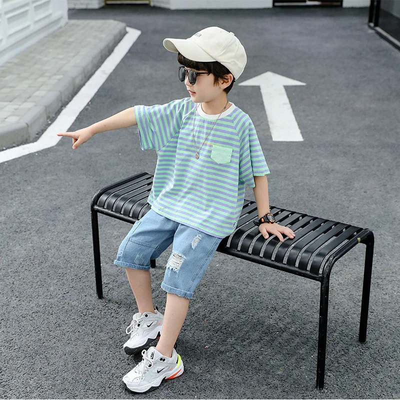 

BINIDUCKLING Kids Boys Summer Clothing Sets Cotton Blue Stripe T-Shirt Demin Shorts Suit Children Boys Clothes Set 2T-7T