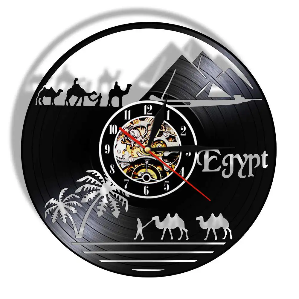 Egypt Camel Riding Desert Journey Wall Art Decor Vinyl Record Silent Wall Clock Modern Design Scene Landmarks Wall Decoration