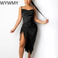 wywmy sexy satin split dress ruched drawstring spaghetti straps backless mini dresses for women summer party sundress vestidos