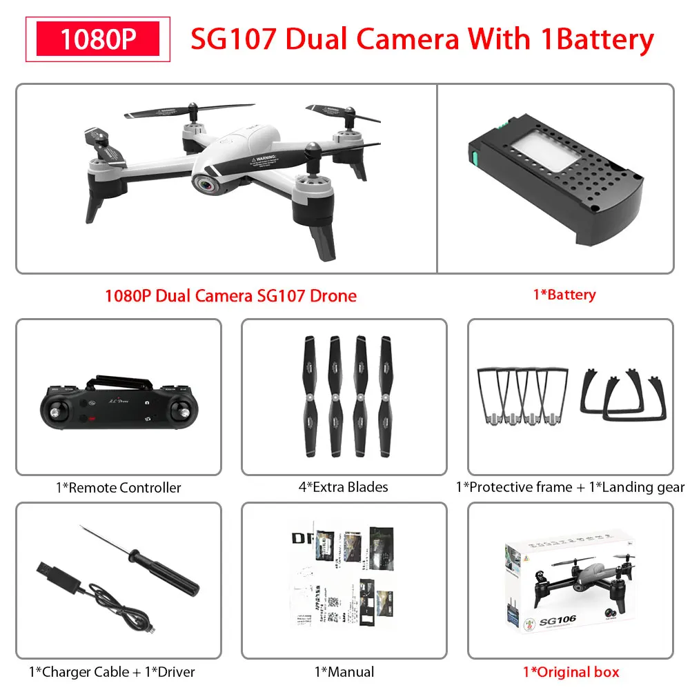 1080P White SG106 1B SG106 WiFi FPV Радиоуправляемый Дрон с 720P или 1080P или 4K HD двойной камерой оптический поток воздушный видео Радиоуправляемый квадрокоптер для игрушек Детский Радиоуправляемый Дрон - Цвет: 1080P White SG106 1B