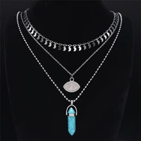 boho stainless%c2%a0steel blue stone layered necklace silver color islam turkey eye necklaces chain moon jewelry%c2%a0collar nxs04