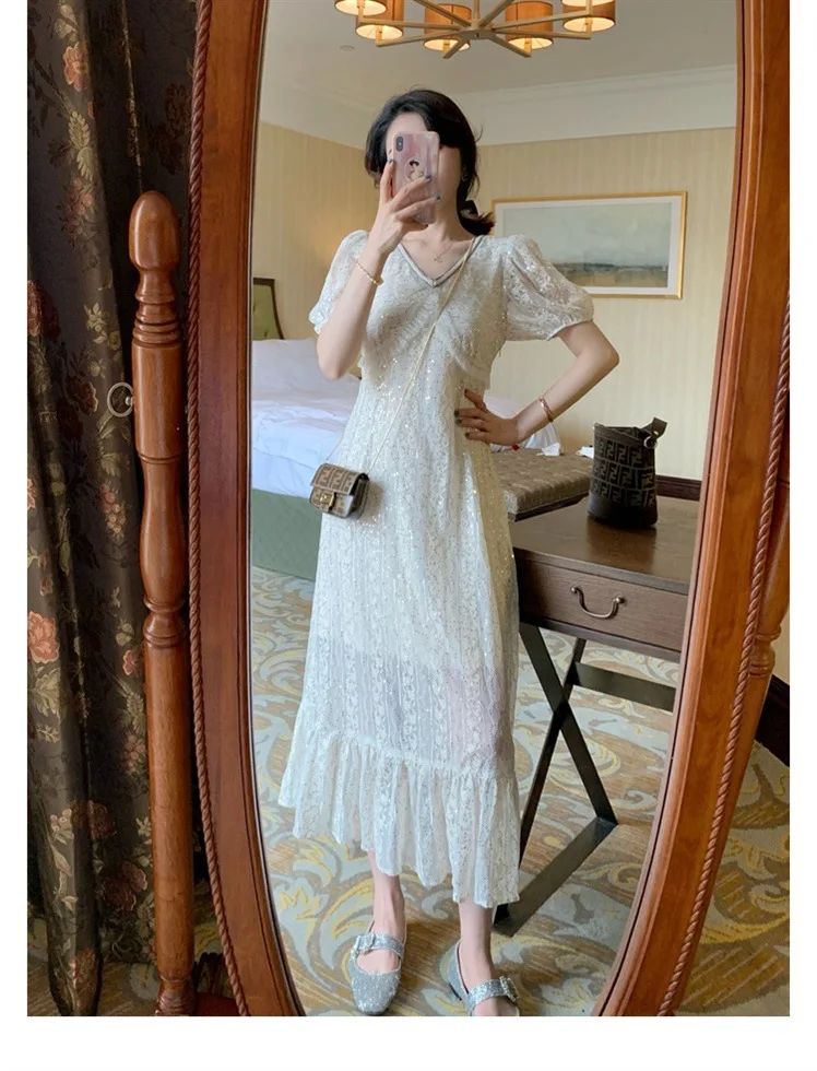 

Summer Sexy V Neck Women Sequins Bling Bling Party Dresses Women Shiny Short Sleeve Lace Cocktail Dresses