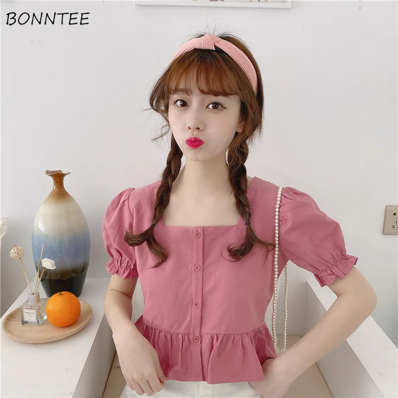 Blouses Shirts Women Summer Short Sleeve Square Collar Ruffles Crop Top Chic Fashion Korean Style Casual Womens Ulzzang Leisure