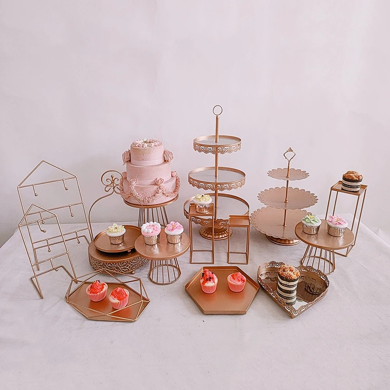 

3-16pcs gold Dessert table decor cold food tea rest table set tray display rack wrought iron bird cage afternoon tea snack rack