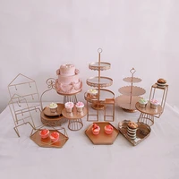 3 16pcs gold dessert table decor cold food tea rest table set tray display rack wrought iron bird cage afternoon tea snack rack