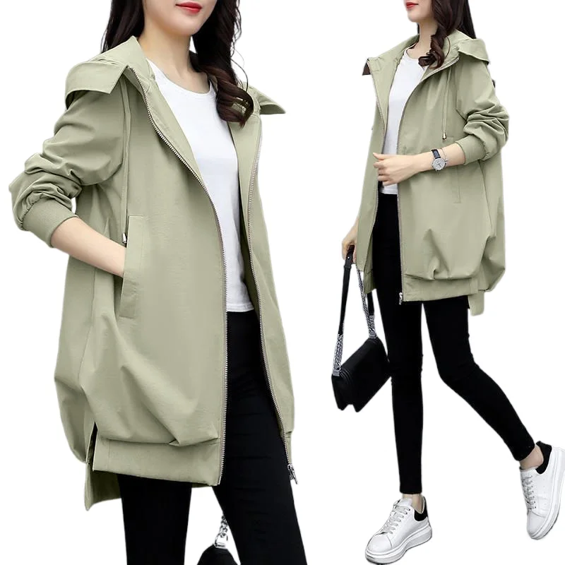 

Женская свободная ветровка средней длины, повседневная куртка цвета хаки с капюшоном в Корейском стиле, весна-осень 2020